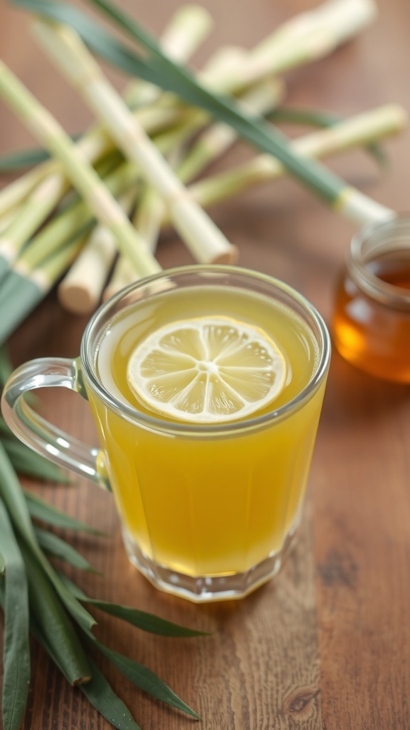 A glass of lemongrass tea with lemon slice, fresh lemongrass stalks, and honey on a wooden table.